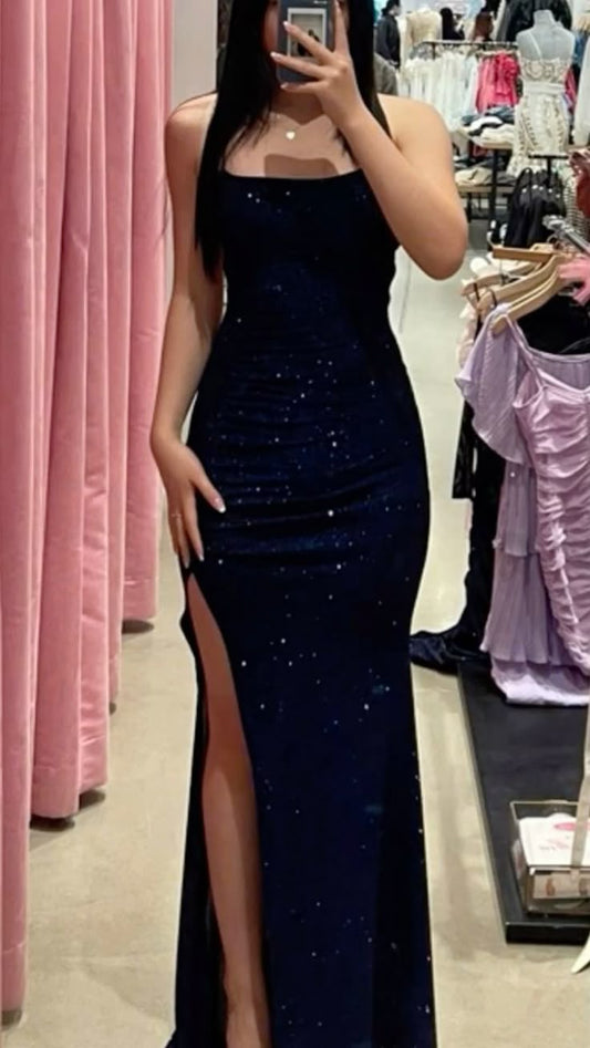 Classy Mermaid Spaghetti Straps Navy Blue Slit Long Prom Dresses Formal Gown Summer Wedding Guest Dress Wedding Outfits For Guest W0660