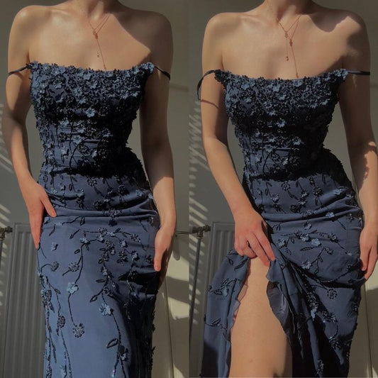 Classy Mermaid Spaghetti Straps Navy Blue Flowers Long Prom Dresses Formal Gown Summer Wedding Guest Dress Wedding Outfits For Guest W0663
