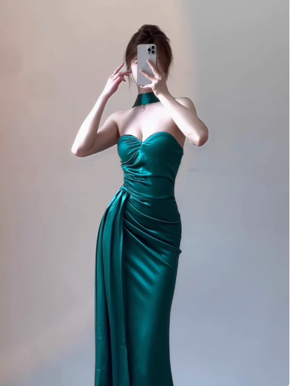 Classy Sheath Sweetheart Slit Satin Ruffles Long Prom Dresses Formal Gown Summer Wedding Guest Dresses Wedding Guest Outfit W0714