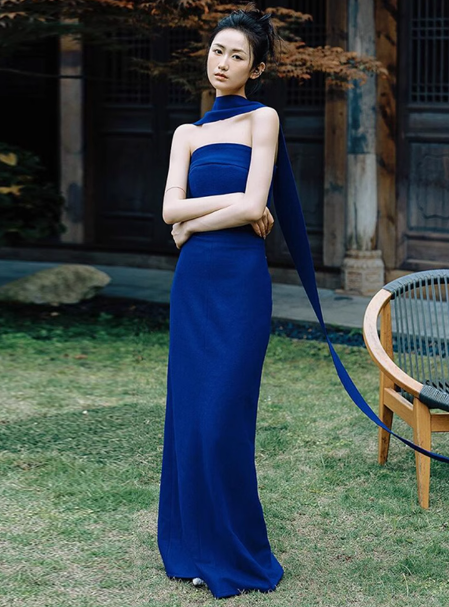 Classy Sheath Strapless Royal Blue Satin Long Prom Dresses Formal Gown Summer Wedding Guest Dresses Wedding Guest Outfit W0716