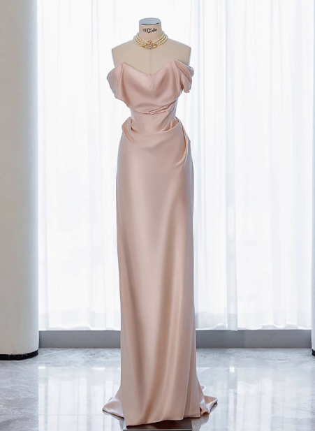 Classy Sheath Off The Shoulder Pink Satin Long Prom Dresses Formal Gown Summer Wedding Guest Dresses Wedding Guest Outfit W0717
