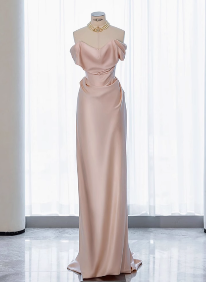 Classy Sheath Off The Shoulder Pink Satin Long Prom Dresses Formal Gown Summer Wedding Guest Dresses Wedding Guest Outfit W0717