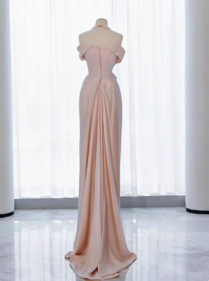 Classy Sheath Off The Shoulder Pink Satin Long Prom Dresses Formal Gown Summer Wedding Guest Dresses Wedding Guest Outfit W0717