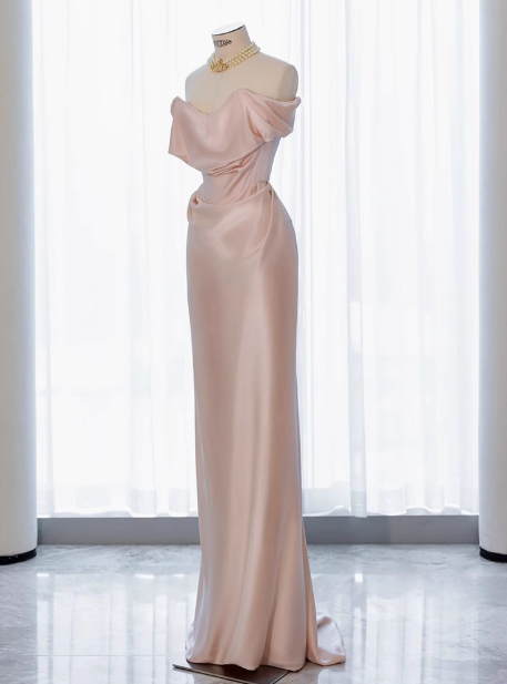 Classy Sheath Off The Shoulder Pink Satin Long Prom Dresses Formal Gown Summer Wedding Guest Dresses Wedding Guest Outfit W0717