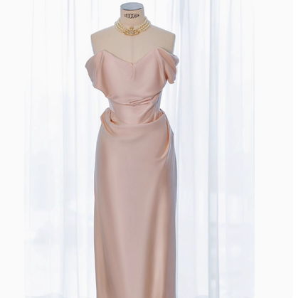 Classy Sheath Off The Shoulder Pink Satin Long Prom Dresses Formal Gown Summer Wedding Guest Dresses Wedding Guest Outfit W0717