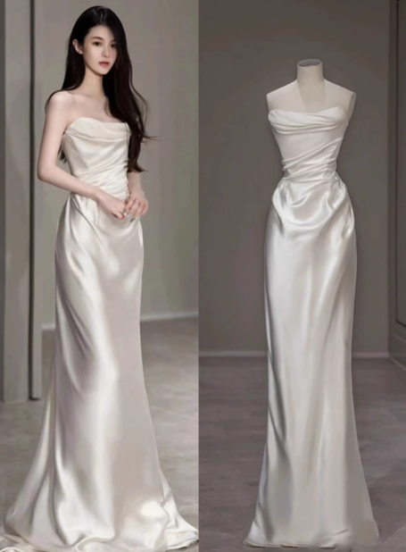Dreamy Wedding Dress Sheath Strapless White Satin Summer Long Wedding Dresses Bridal Gowns With Cape W0718