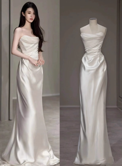 Dreamy Wedding Dress Sheath Strapless White Satin Summer Long Wedding Dresses Bridal Gowns With Cape W0718