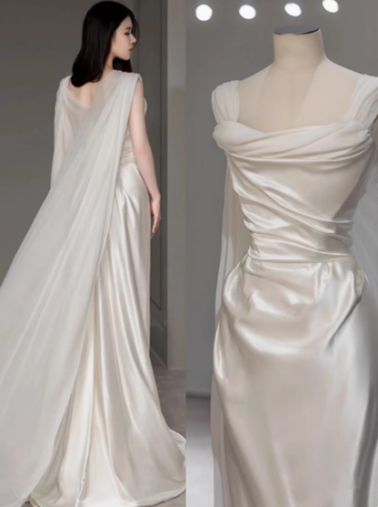 Dreamy Wedding Dress Sheath Strapless White Satin Summer Long Wedding Dresses Bridal Gowns With Cape W0718