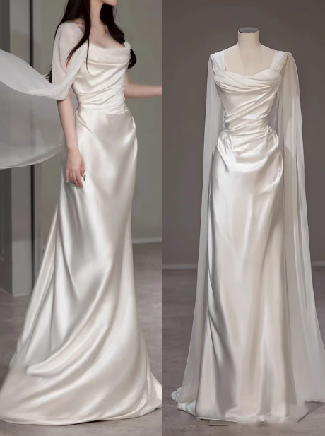 Dreamy Wedding Dress Sheath Strapless White Satin Summer Long Wedding Dresses Bridal Gowns With Cape W0718