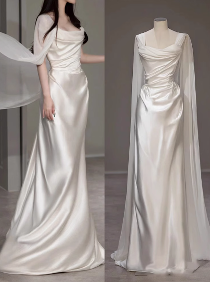 Dreamy Wedding Dress Sheath Strapless White Satin Summer Long Wedding Dresses Bridal Gowns With Cape W0718
