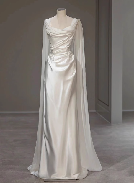 Dreamy Wedding Dress Sheath Strapless White Satin Summer Long Wedding Dresses Bridal Gowns With Cape W0718