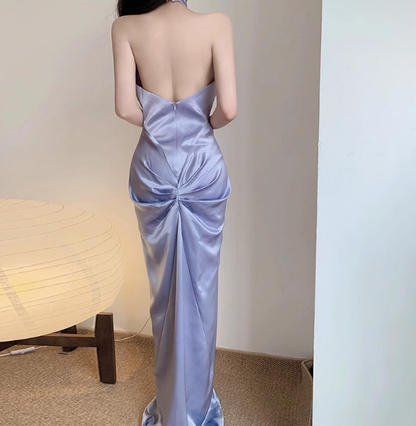 Classy Sheath High Neck Lilac Satin Long Prom Dresses Formal Gown Summer Wedding Guest Dresses Wedding Guest Outfit W0719