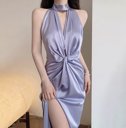 Classy Sheath High Neck Lilac Satin Long Prom Dresses Formal Gown Summer Wedding Guest Dresses Wedding Guest Outfit W0719