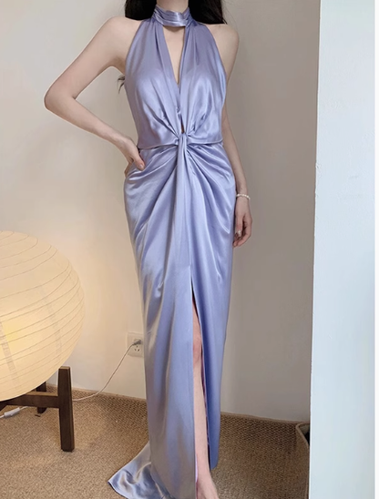 Classy Sheath High Neck Lilac Satin Long Prom Dresses Formal Gown Summer Wedding Guest Dresses Wedding Guest Outfit W0719