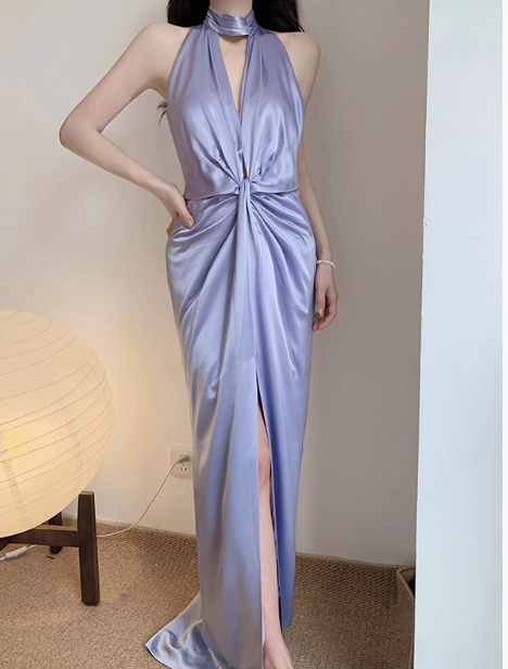 Classy Sheath High Neck Lilac Satin Long Prom Dresses Formal Gown Summer Wedding Guest Dresses Wedding Guest Outfit W0719