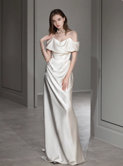 Dreamy Wedding Dress Sheath Off The Shoulder White Satin Summer Long Wedding Dresses Bridal Gowns With Sleeves W0720