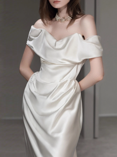 Dreamy Wedding Dress Sheath Off The Shoulder White Satin Summer Long Wedding Dresses Bridal Gowns With Sleeves W0720