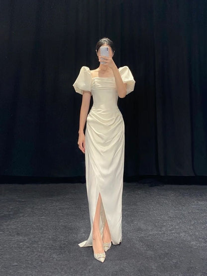 Vintage Wedding Dress Sheath Square Neck Short Sleeves White Summer Beach Long Wedding Dresses Bridal Gowns W0720