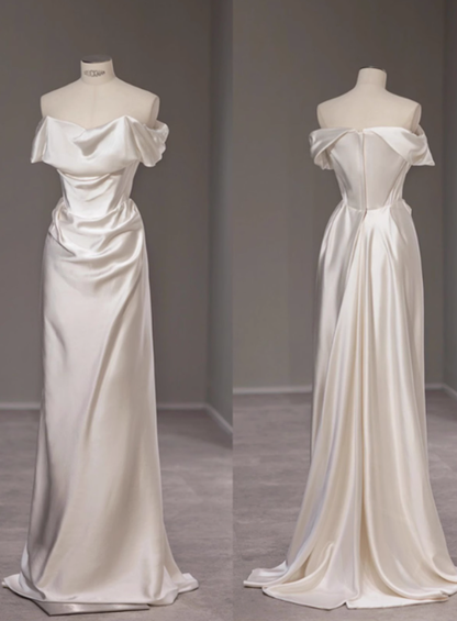 Dreamy Wedding Dress Sheath Off The Shoulder White Satin Summer Long Wedding Dresses Bridal Gowns With Sleeves W0720