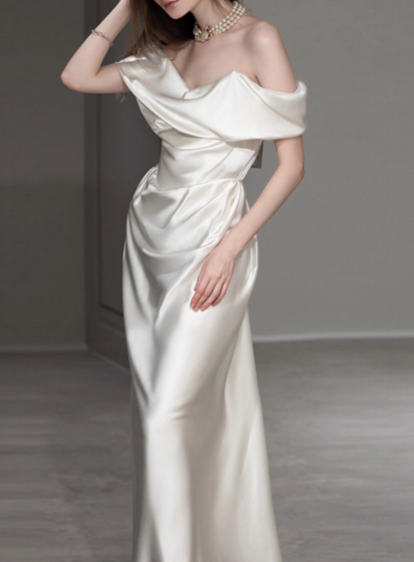 Dreamy Wedding Dress Sheath Off The Shoulder White Satin Summer Long Wedding Dresses Bridal Gowns With Sleeves W0720