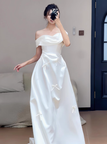 Dreamy Wedding Dress A Line Off The Shoulder White Satin Summer Long Wedding Dresses Bridal Gowns With Sleeves W0721