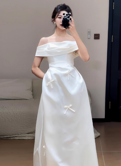 Dreamy Wedding Dress A Line Off The Shoulder White Satin Summer Long Wedding Dresses Bridal Gowns With Sleeves W0721