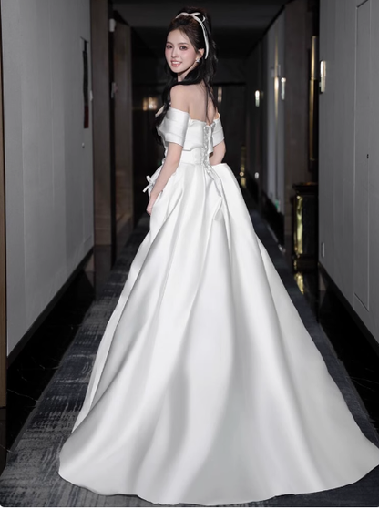 Dreamy Wedding Dress A Line Off The Shoulder White Satin Summer Long Wedding Dresses Bridal Gowns With Sleeves W0721