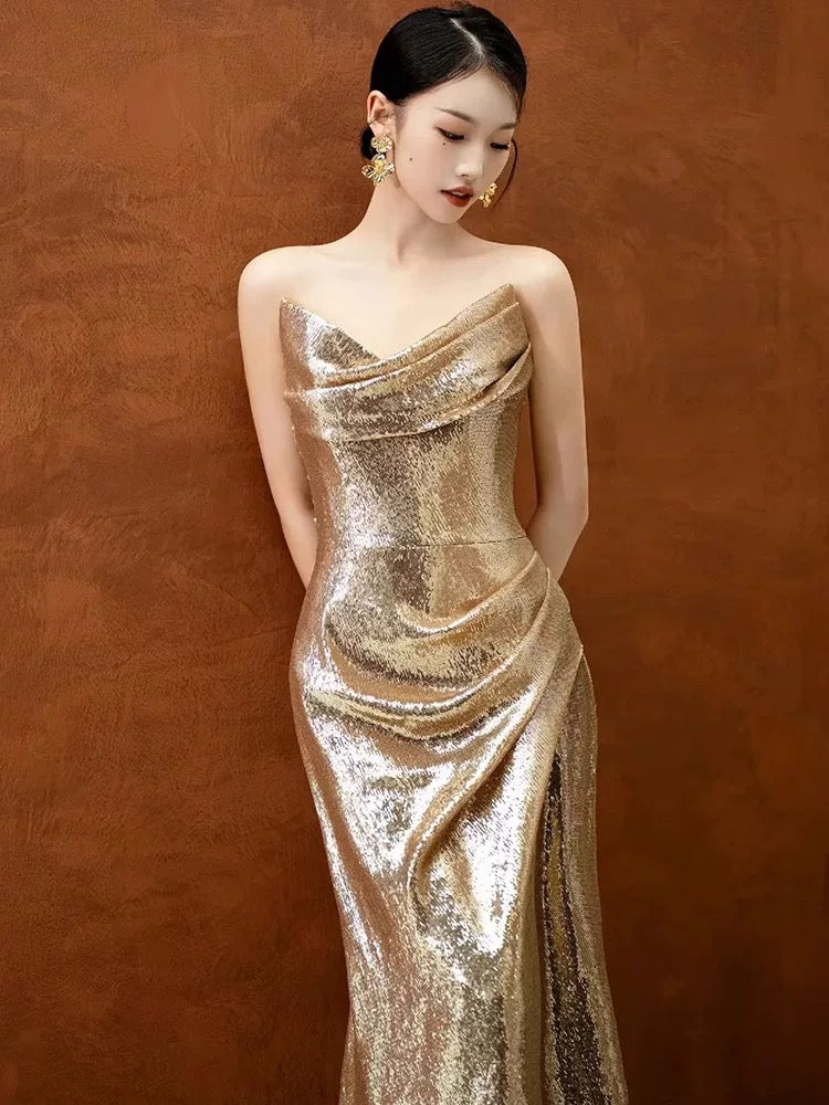 Classy Mermaid Sweetheart Sequin Gold Long Prom Dresses Formal Gown Summer Wedding Guest Dress Wedding Outfits For Guest W0723