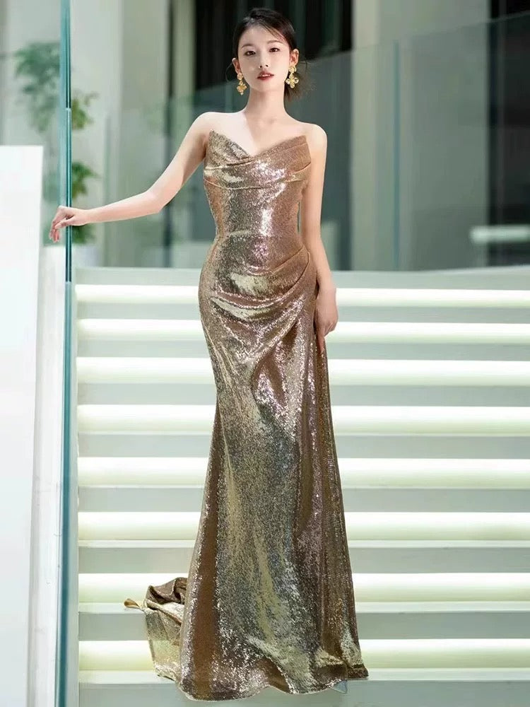 Classy Mermaid Sweetheart Sequin Gold Long Prom Dresses Formal Gown Summer Wedding Guest Dress Wedding Outfits For Guest W0723