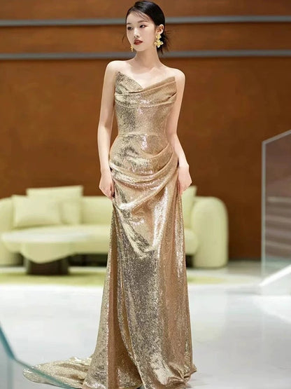 Classy Mermaid Sweetheart Sequin Gold Long Prom Dresses Formal Gown Summer Wedding Guest Dress Wedding Outfits For Guest W0723