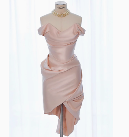 Sexy Sheath Off The Shoulder Pink Satin Short Homecoming Dresses Summer Hoco Dresses Cocktail Dress Birthday Outfits W0725