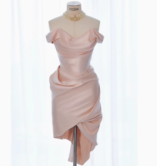 Sexy Sheath Off The Shoulder Pink Satin Short Homecoming Dresses Summer Hoco Dresses Cocktail Dress Birthday Outfits W0725