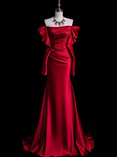 Classy Sheath Off The Shoulder Red Satin Long Prom Dresses Formal Gown Summer Wedding Guest Dresses Wedding Guest Outfit W0726