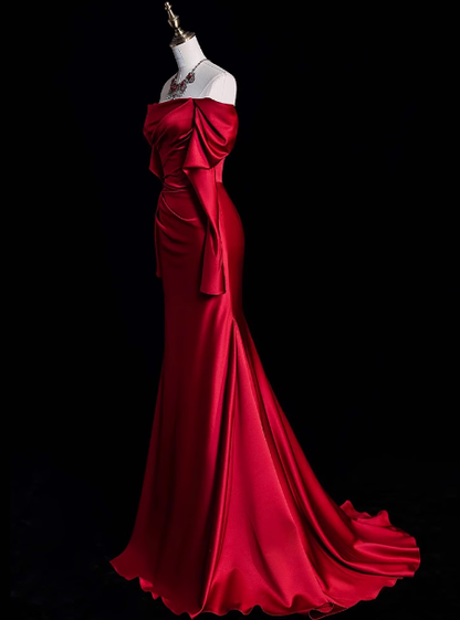 Classy Sheath Off The Shoulder Red Satin Long Prom Dresses Formal Gown Summer Wedding Guest Dresses Wedding Guest Outfit W0726