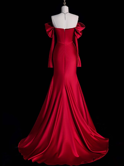 Classy Sheath Off The Shoulder Red Satin Long Prom Dresses Formal Gown Summer Wedding Guest Dresses Wedding Guest Outfit W0726