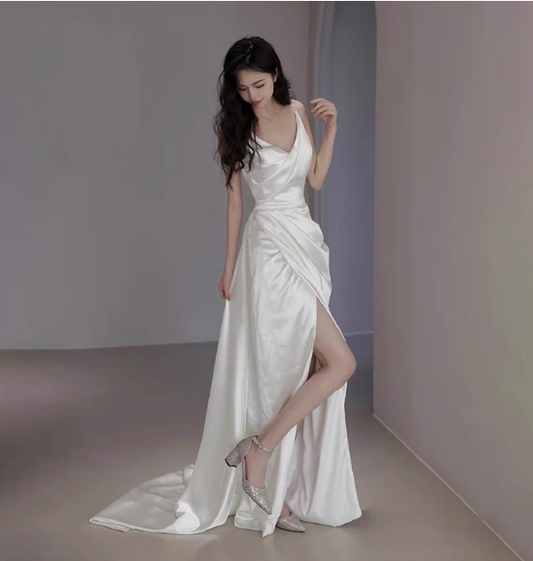 Dreamy Wedding Dress Sheath Spaghetti Straps White Satin Slit Summer Long Wedding Dresses Bridal Gowns W0727