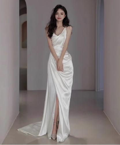 Dreamy Wedding Dress Sheath Spaghetti Straps White Satin Slit Summer Long Wedding Dresses Bridal Gowns W0727