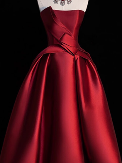 Modest Ball Gown Strapless Burgundy Satin Formal Gown 20th Birthday Dress Prom Dresses 18th Birthday Outfits W0729