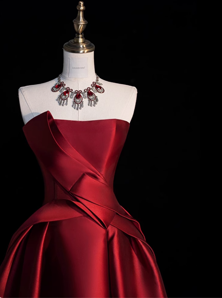 Modest Ball Gown Strapless Burgundy Satin Formal Gown 20th Birthday Dress Prom Dresses 18th Birthday Outfits W0729
