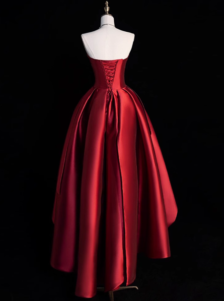 Modest Ball Gown Strapless Burgundy Satin Formal Gown 20th Birthday Dress Prom Dresses 18th Birthday Outfits W0729