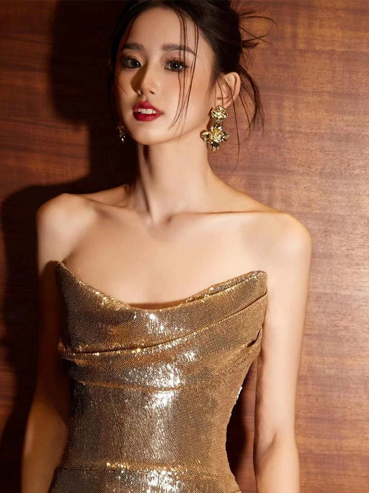 Classy Mermaid Sweetheart Sequin Gold Long Prom Dresses Formal Gown Summer Wedding Guest Dress Wedding Outfits For Guest W0731