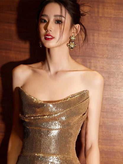 Classy Mermaid Sweetheart Sequin Gold Long Prom Dresses Formal Gown Summer Wedding Guest Dress Wedding Outfits For Guest W0731