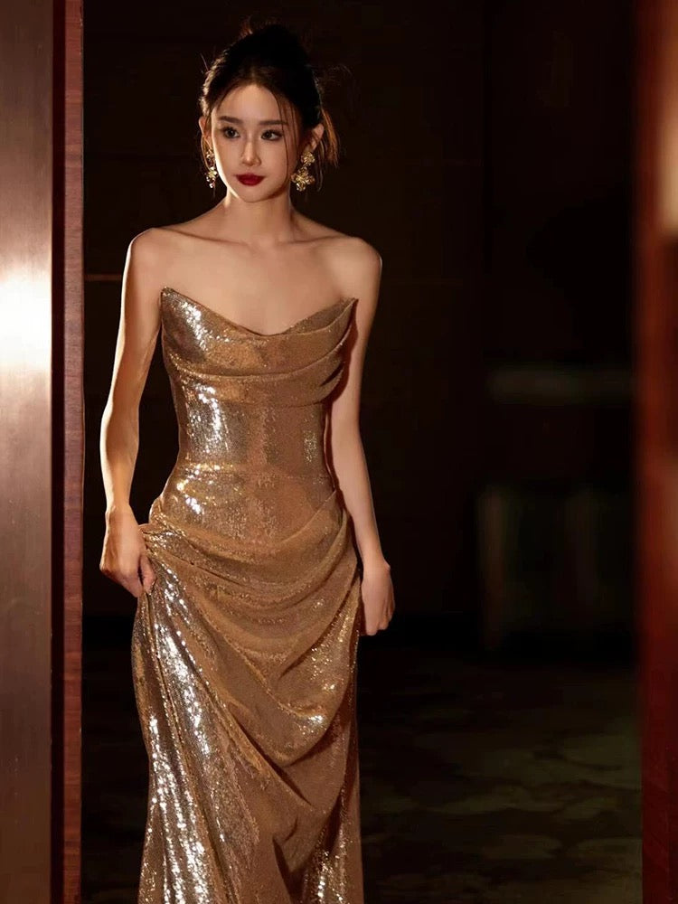 Classy Mermaid Sweetheart Sequin Gold Long Prom Dresses Formal Gown Summer Wedding Guest Dress Wedding Outfits For Guest W0731