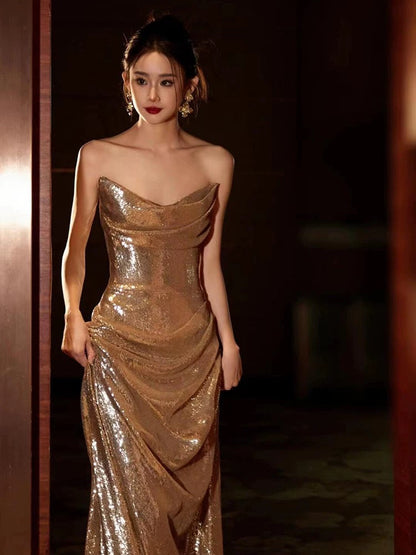 Classy Mermaid Sweetheart Sequin Gold Long Prom Dresses Formal Gown Summer Wedding Guest Dress Wedding Outfits For Guest W0731