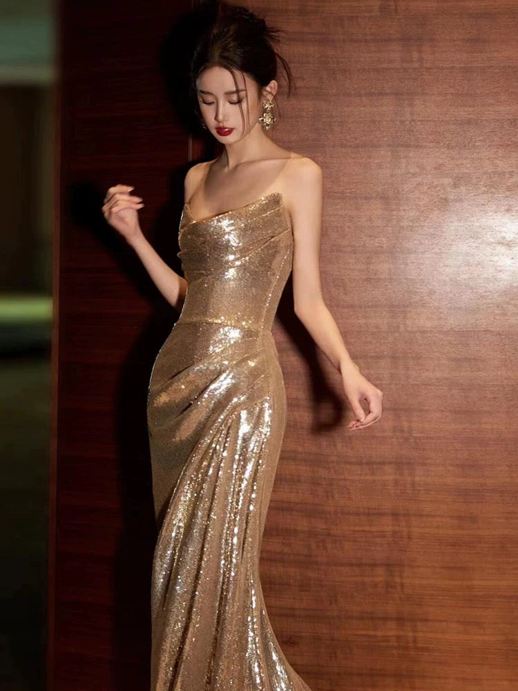 Classy Mermaid Sweetheart Sequin Gold Long Prom Dresses Formal Gown Summer Wedding Guest Dress Wedding Outfits For Guest W0731