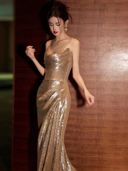 Classy Mermaid Sweetheart Sequin Gold Long Prom Dresses Formal Gown Summer Wedding Guest Dress Wedding Outfits For Guest W0731