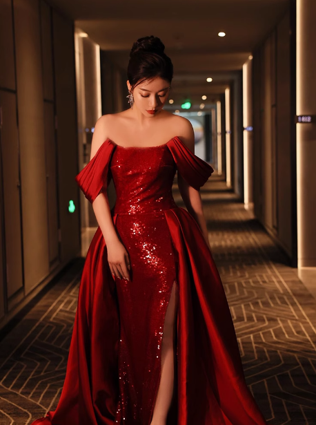 Classy Mermaid Off The Shoulder Red Sequin Long Prom Dresses Formal Gown Summer Wedding Guest Dresses Wedding Guest Outfit W0736