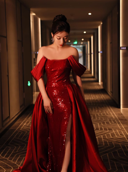 Classy Mermaid Off The Shoulder Red Sequin Long Prom Dresses Formal Gown Summer Wedding Guest Dresses Wedding Guest Outfit W0736