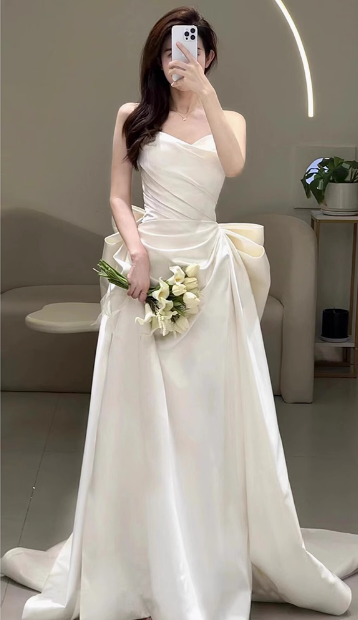 Dreamy Wedding Dress Sheath Sweetheart White Satin Summer Long Wedding Dresses Bridal Gowns W0737