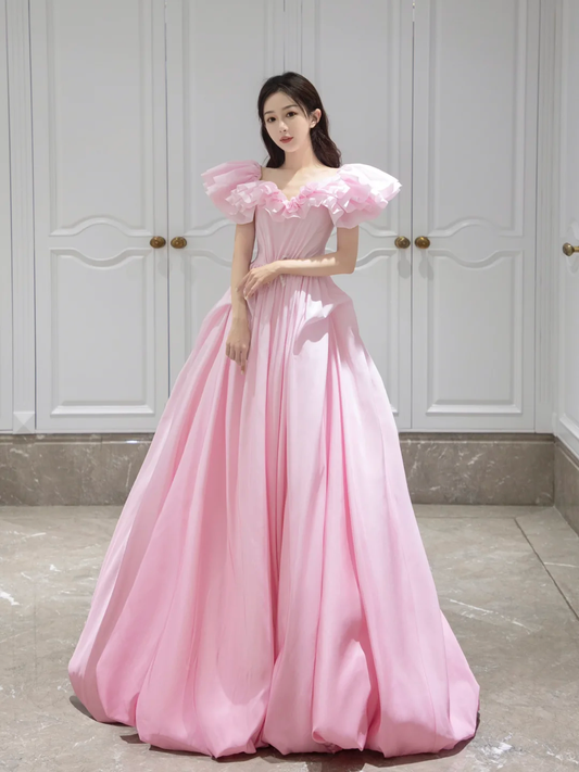 Pretty Ball Gown Sweetheart Satin Pink Long Quinceanera Dress Formal Gowns Vestido De 15 Anos Sweet 16 Dress W0737